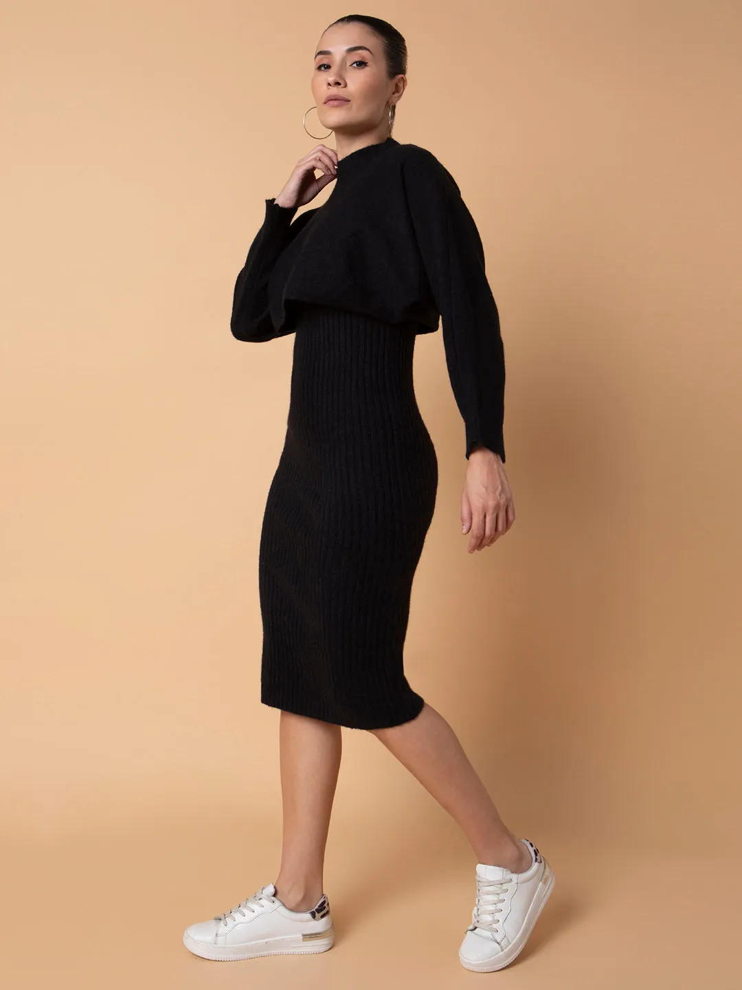 Women's Solid Black Bodycon Dress with Top Crisp Finish