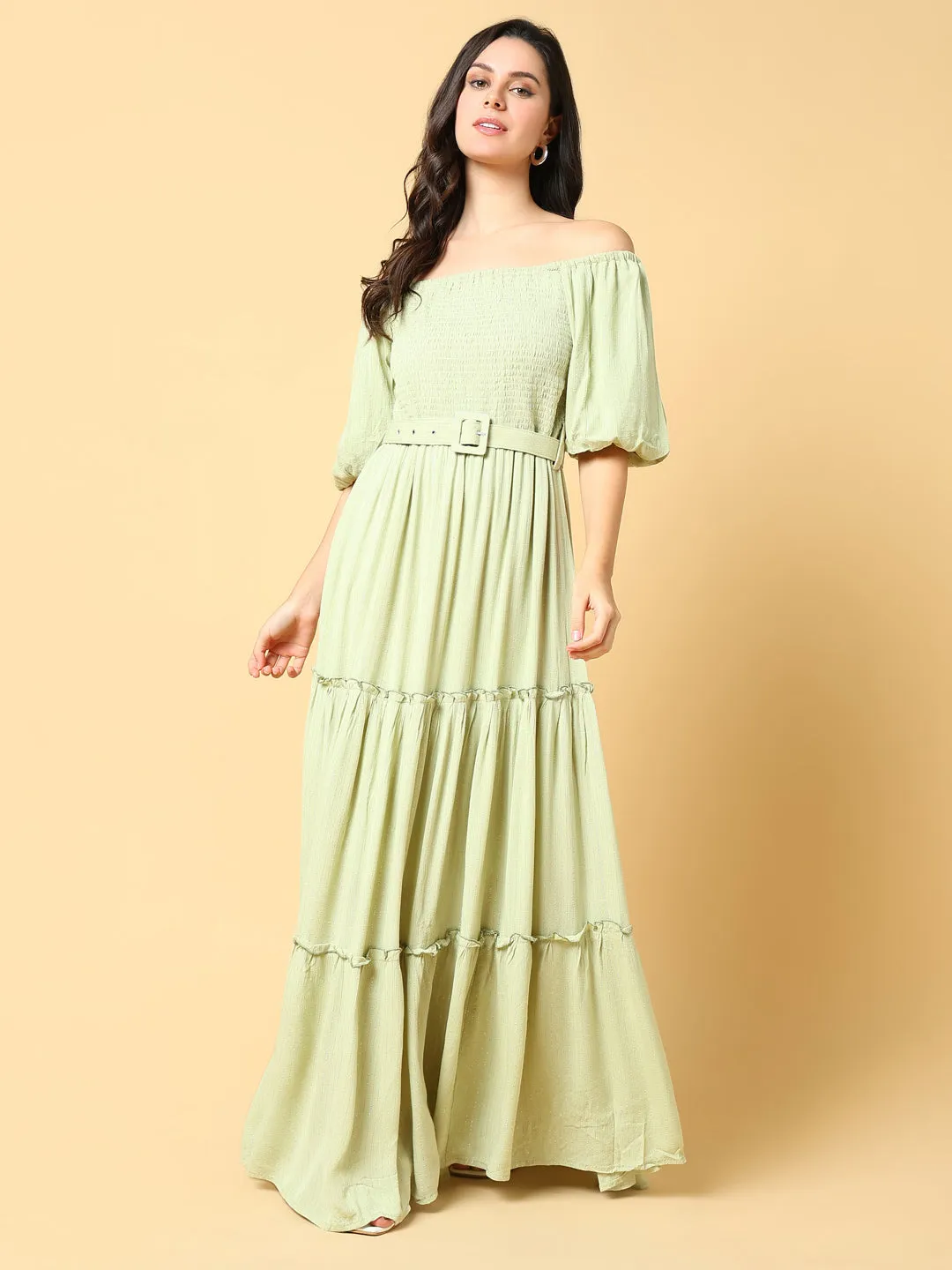 Daily Flex Women's Solid Green Fit and Flare Dress with Belt