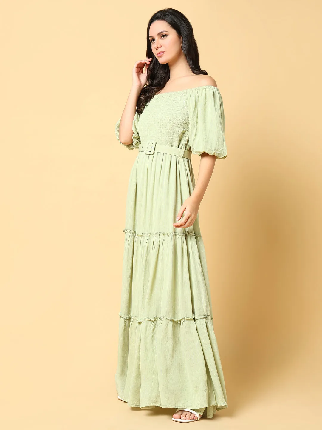 Women's Solid Green Fit and Flare Dress with Belt Stylish Look