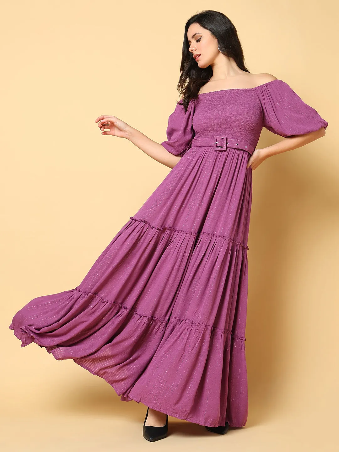 Walk Mood Women's Solid Purple Fit and Flare Dress with Belt