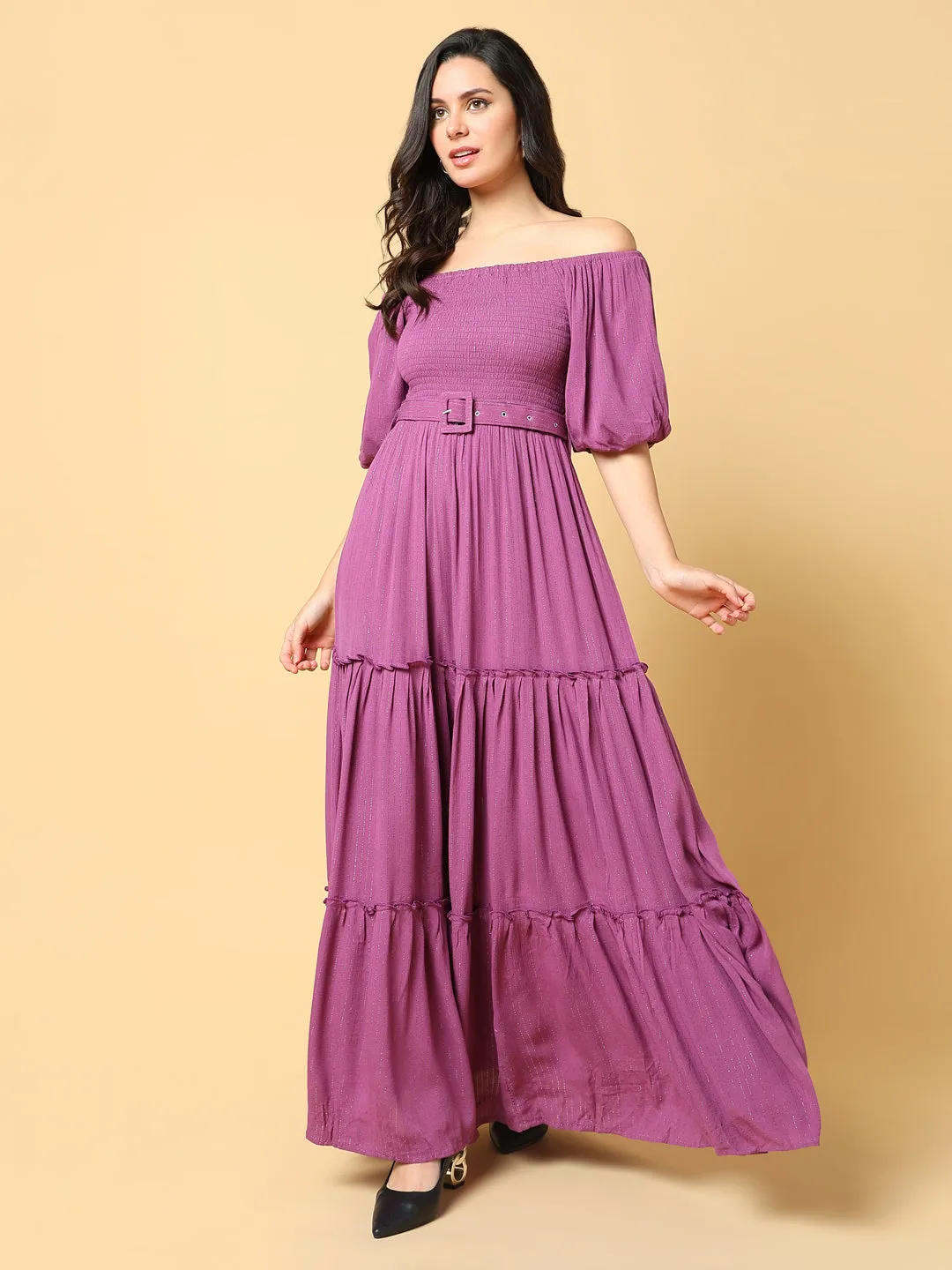All Occasion Draped Silhouette Women's Solid Purple Fit and Flare Dress with Belt