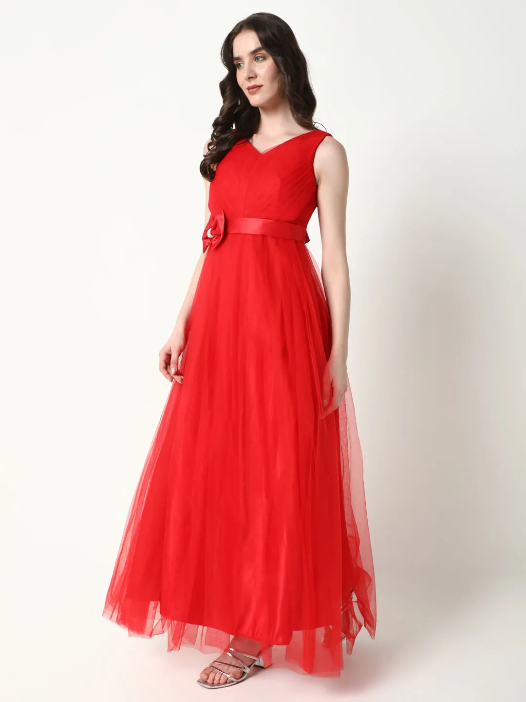 Women's Solid Red Gown Dress Daily Essential Bow Soft