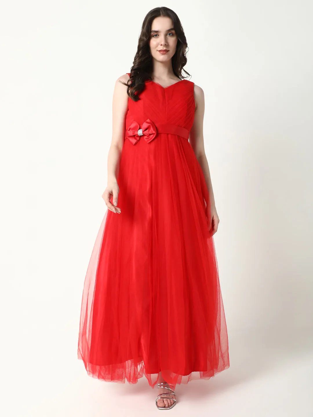 Women's Solid Red Gown Dress Easy Pairing Comfortable Waist Design Fit