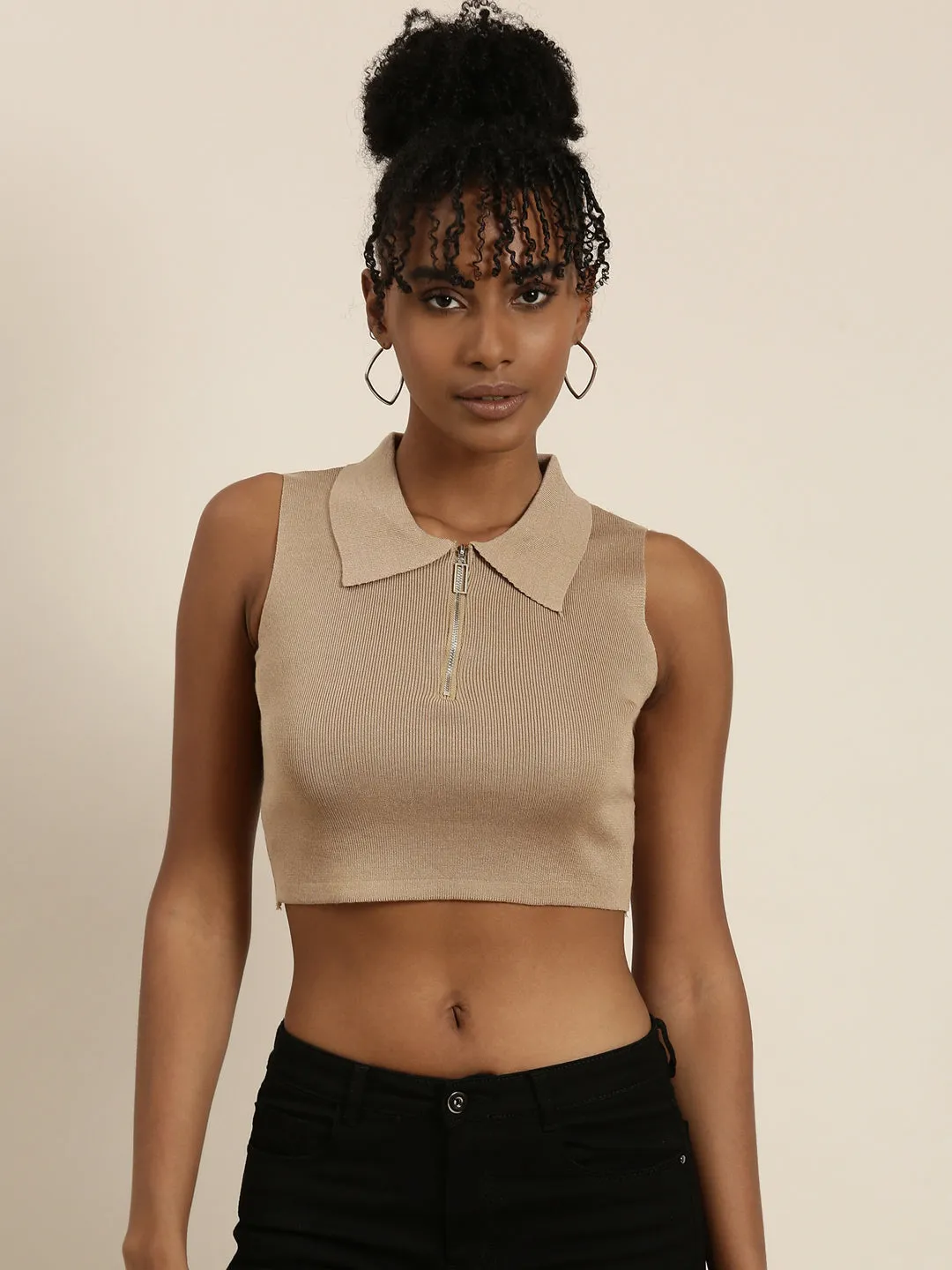 Women's Tan Shirt Collar Sleeveless Cotton Fitted Crop Top Picnic kids'