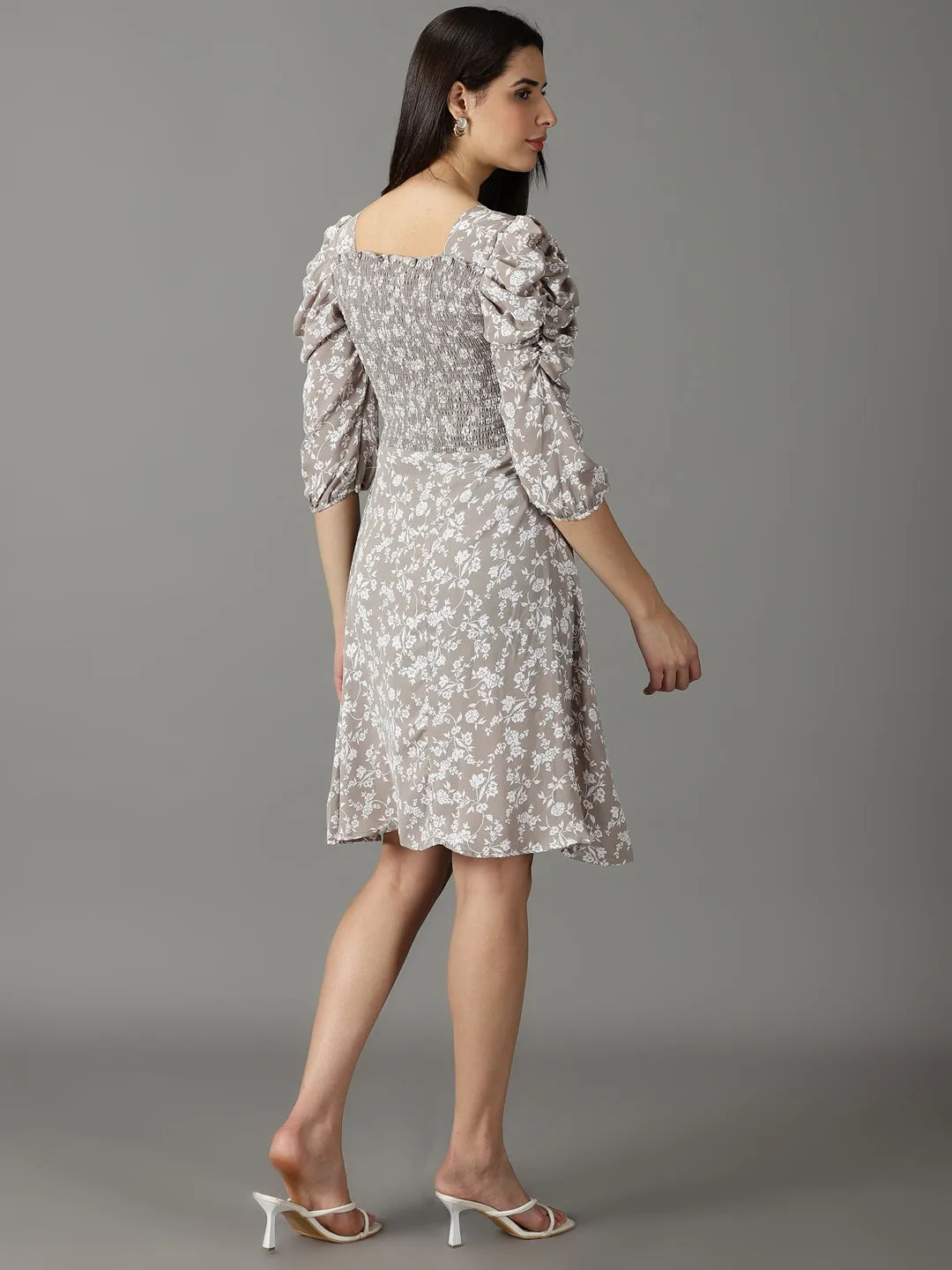 Women's Taupe Floral Printed Smocked Puff Sleeves A-Line Dress Floral Swing