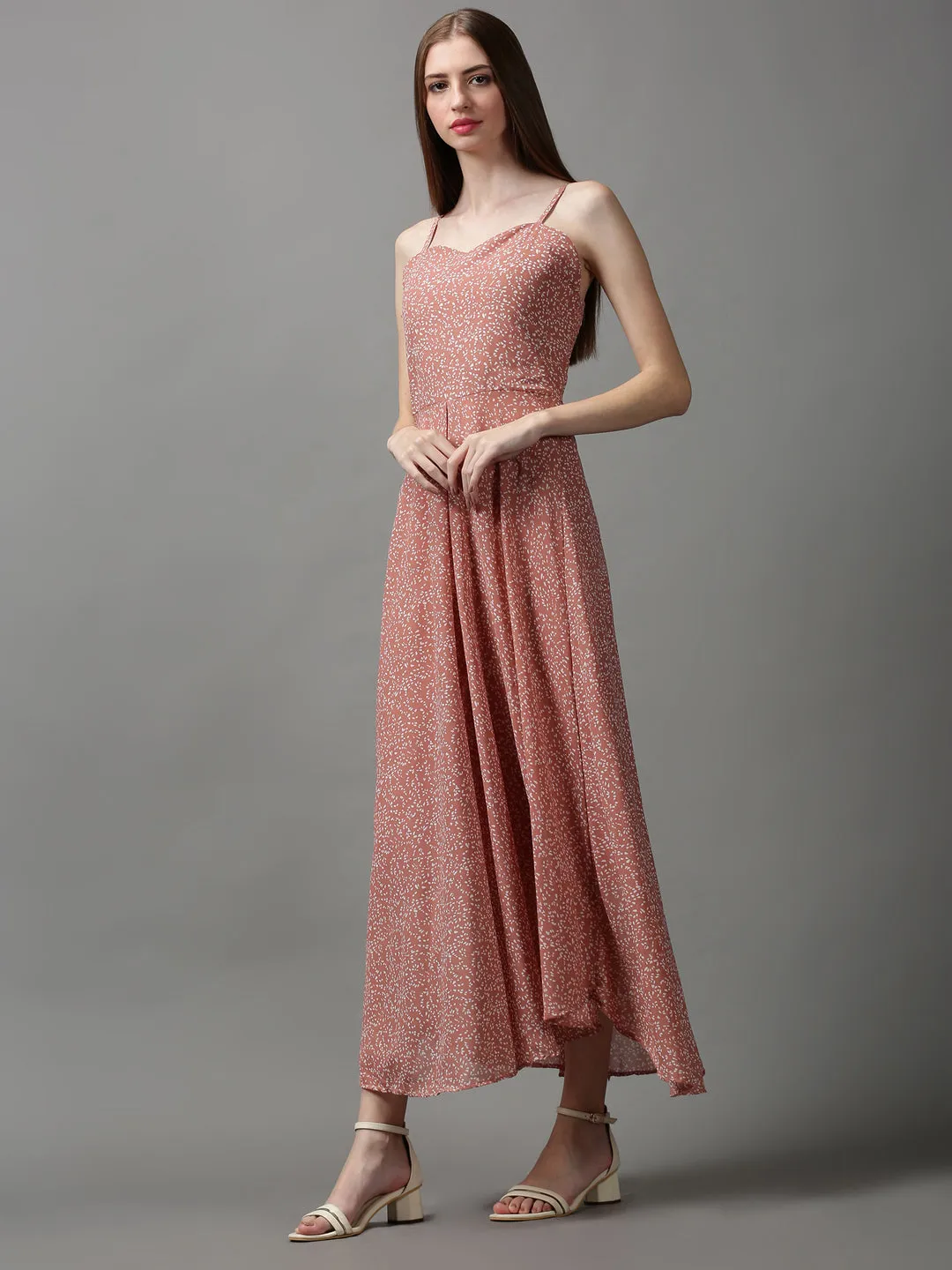 Pleated-Texture Women's Taupe Printed Midi Dress