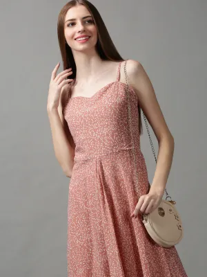 Smart Waist Design Women's Taupe Printed Midi Dress