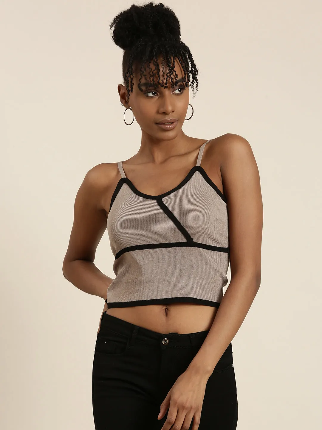 Women's Taupe Shoulder Straps Fitted Crop Top Comfortable and stylish