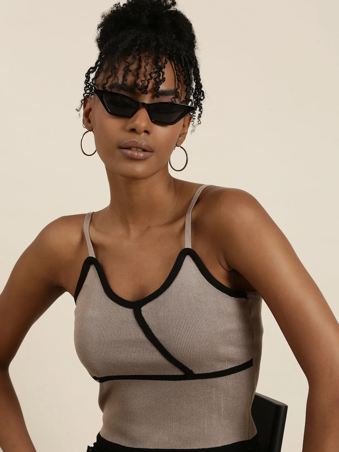 Women's Taupe Shoulder Straps Fitted Crop Top Comfort Flex