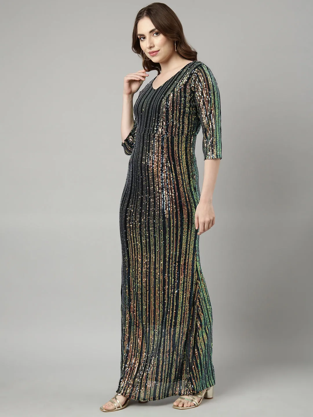 Elegant Comfort Balanced Light Women's Teal Embellished Maxi Party Wear Dress
