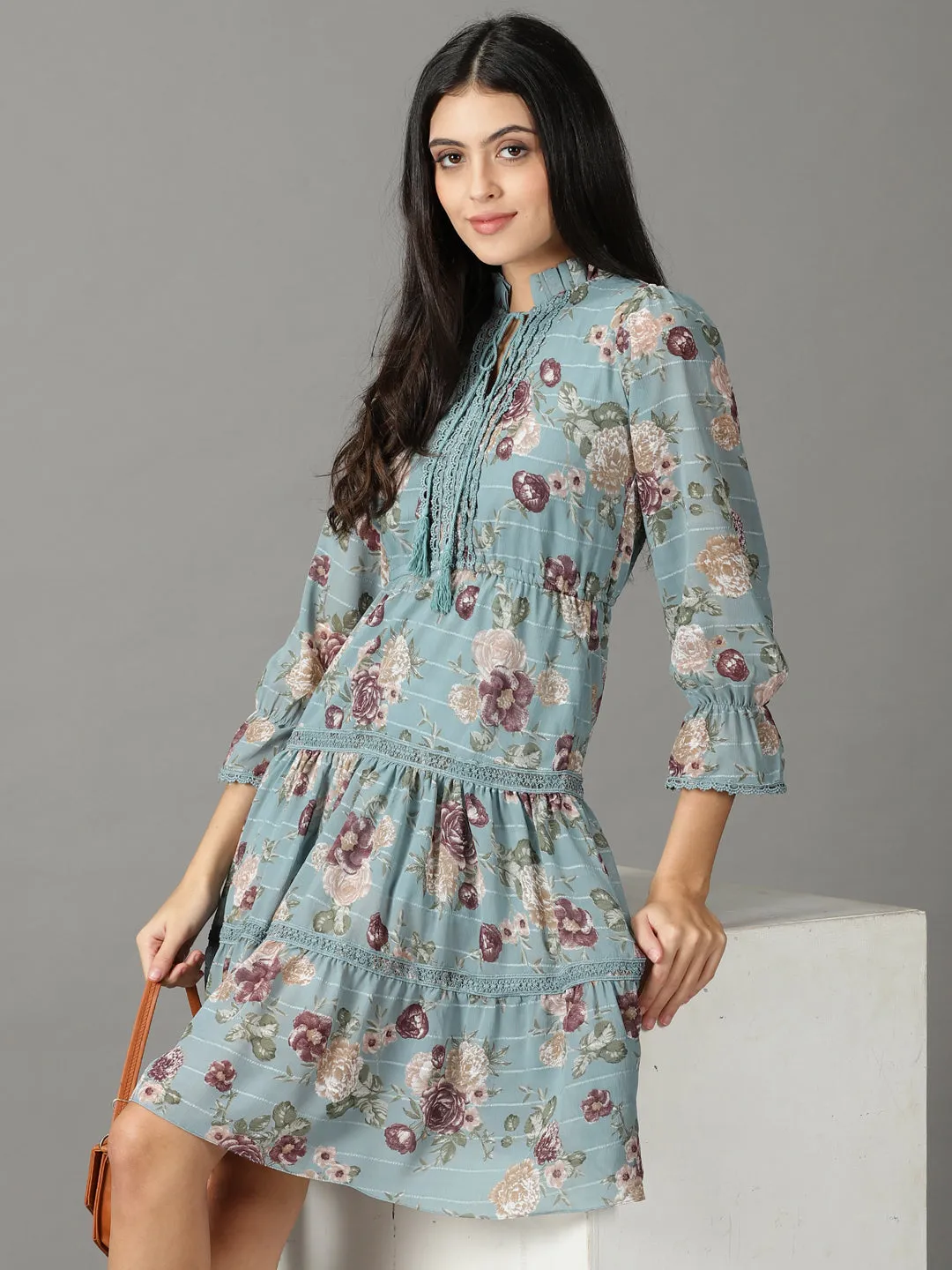 Grace Base Women's Teal Floral Tie-Up Neck Chiffon A-Line Dress