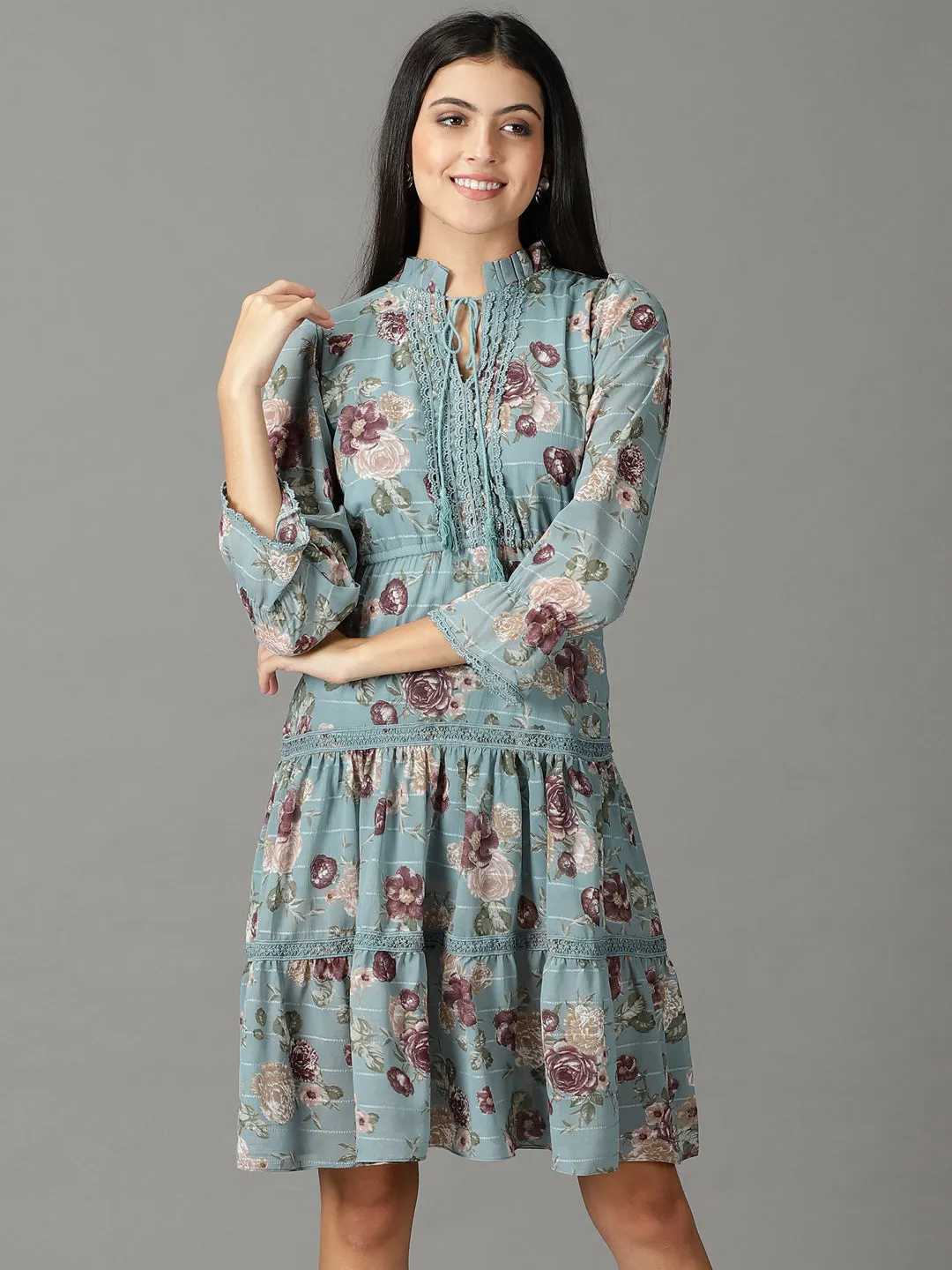 All-season Chic Fit Women's Teal Floral Tie-Up Neck Chiffon A-Line Dress