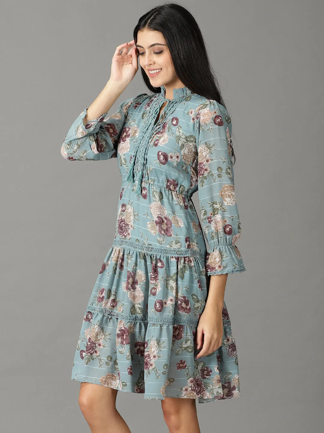 Stylish Look Velvet-Sleeve Women's Teal Floral Tie-Up Neck Chiffon A-Line Dress