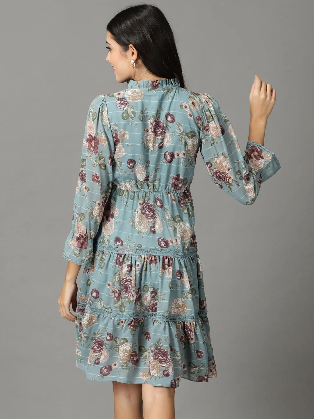 Whimsical Mood Women's Teal Floral Tie-Up Neck Chiffon A-Line Dress