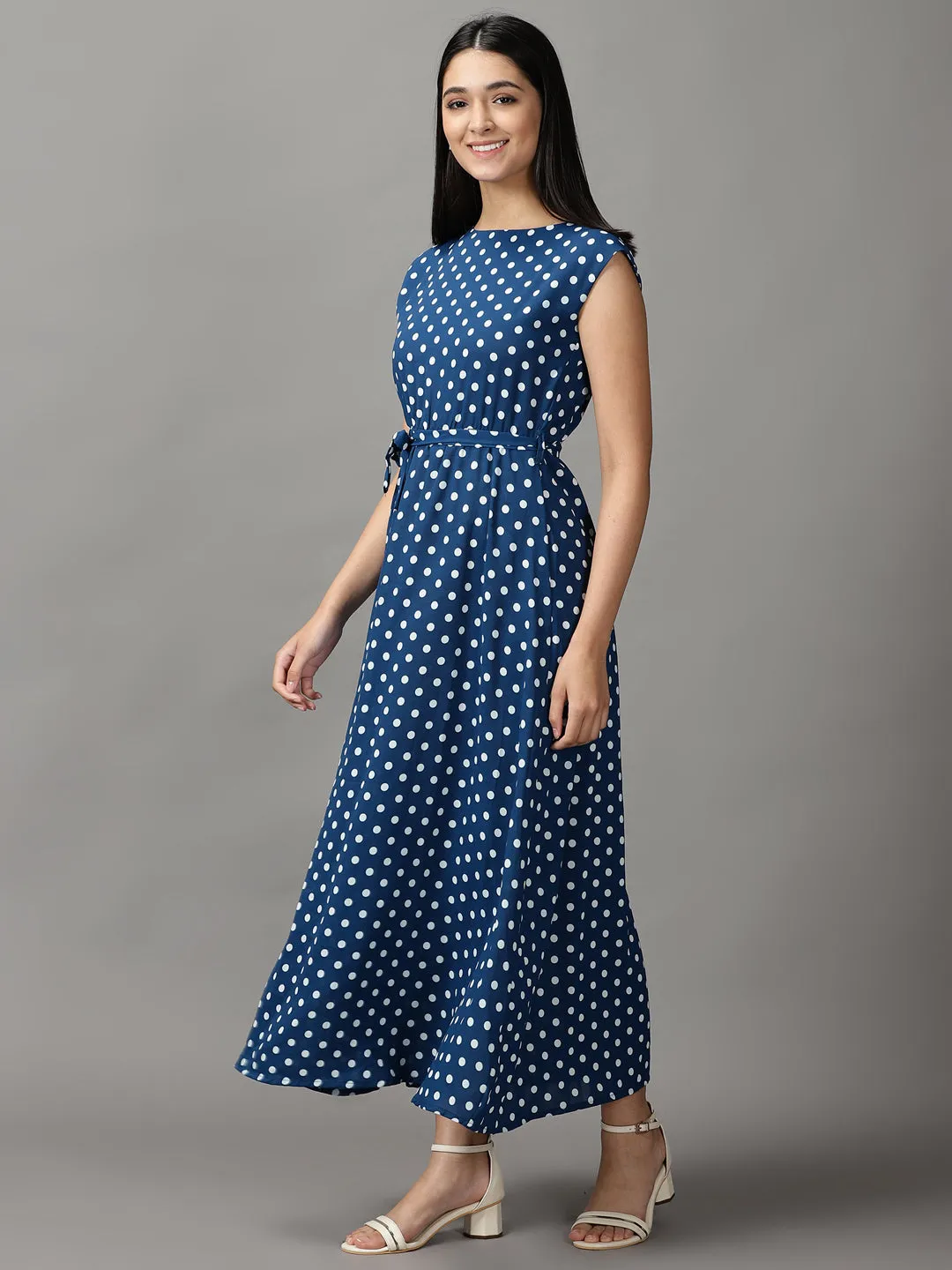 Women's Teal Polka Fit and Flare Dots Maxi Dress Sophisticated Cut