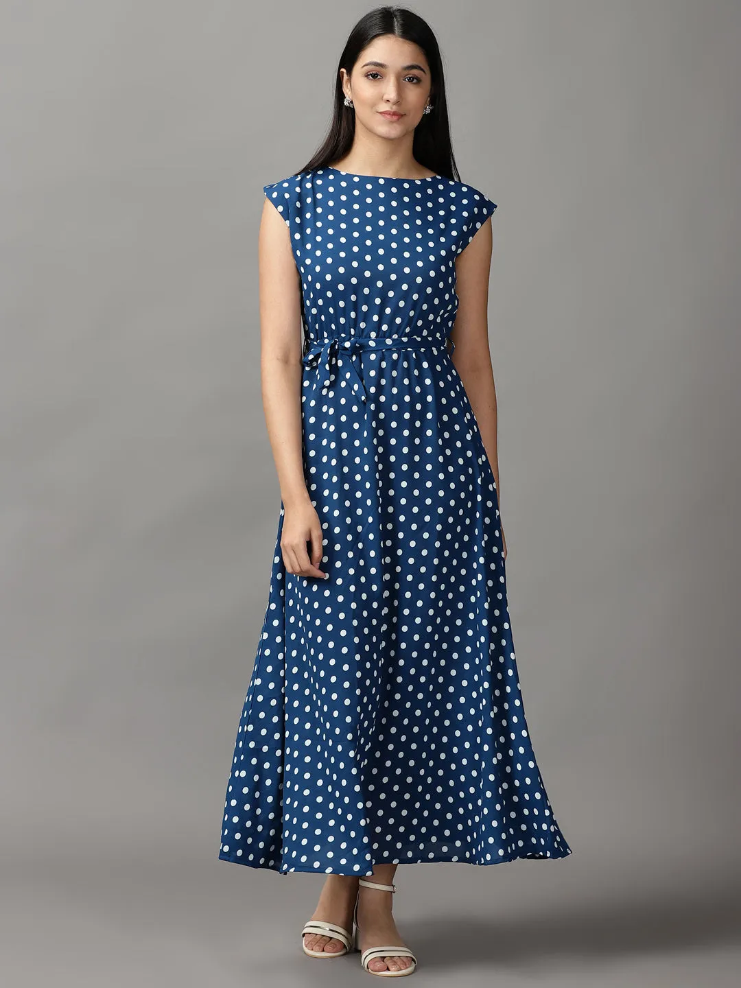 Women's Teal Polka Fit and Flare Dots Maxi Dress Front-Pocket