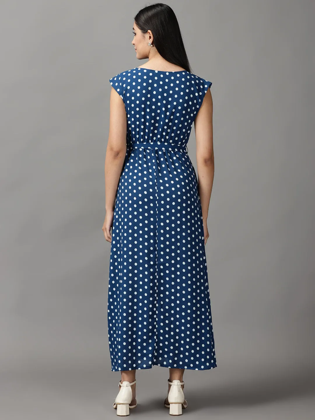 A-Line Women's Teal Polka Fit and Flare Dots Maxi Dress
