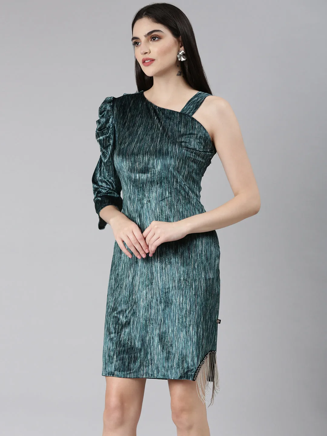 Wide Swing Women's Teal Striped One Shoulder Sheath Dress