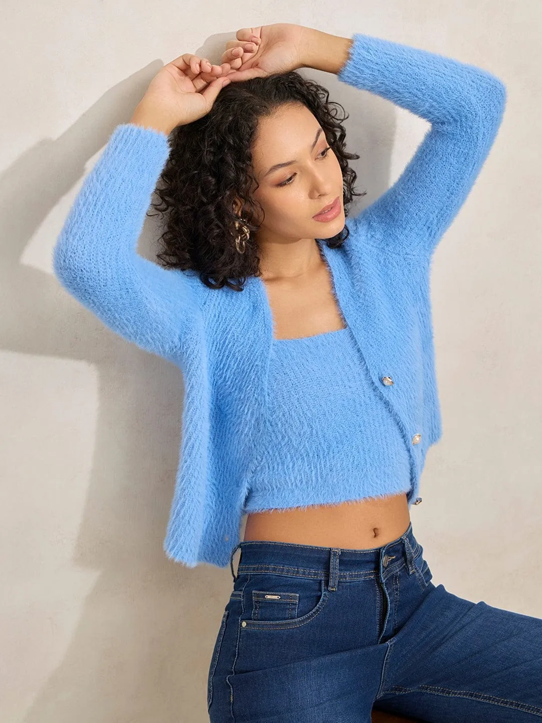 sequined details Flexible stretch Women's Textured Blue Fuzzy Crop Top with Sweater