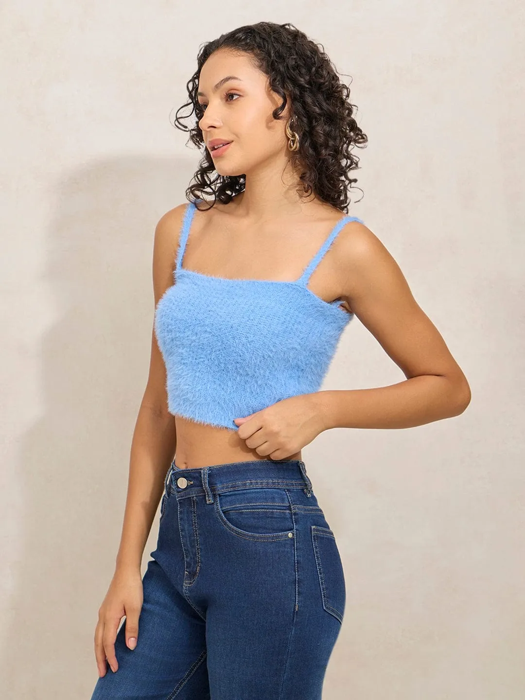 UV resistant Classic Layer Women's Textured Blue Fuzzy Crop Top with Sweater