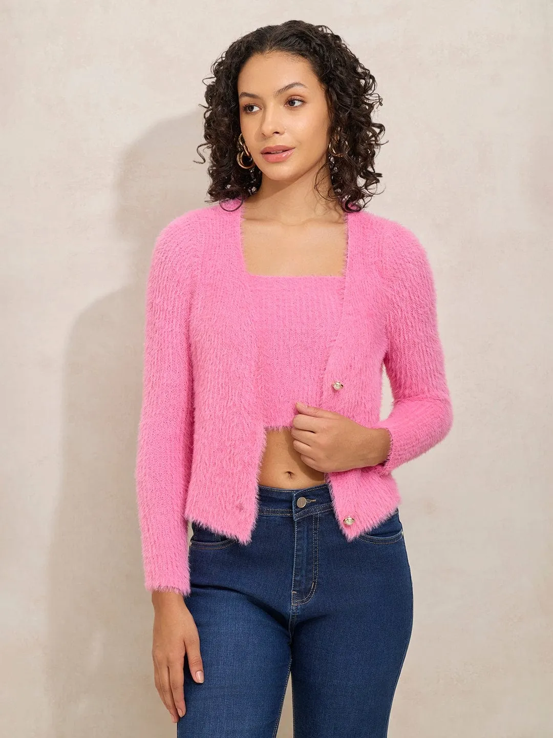 Women's Textured Pink Fuzzy Crop Top with Sweater Minimalist Wear