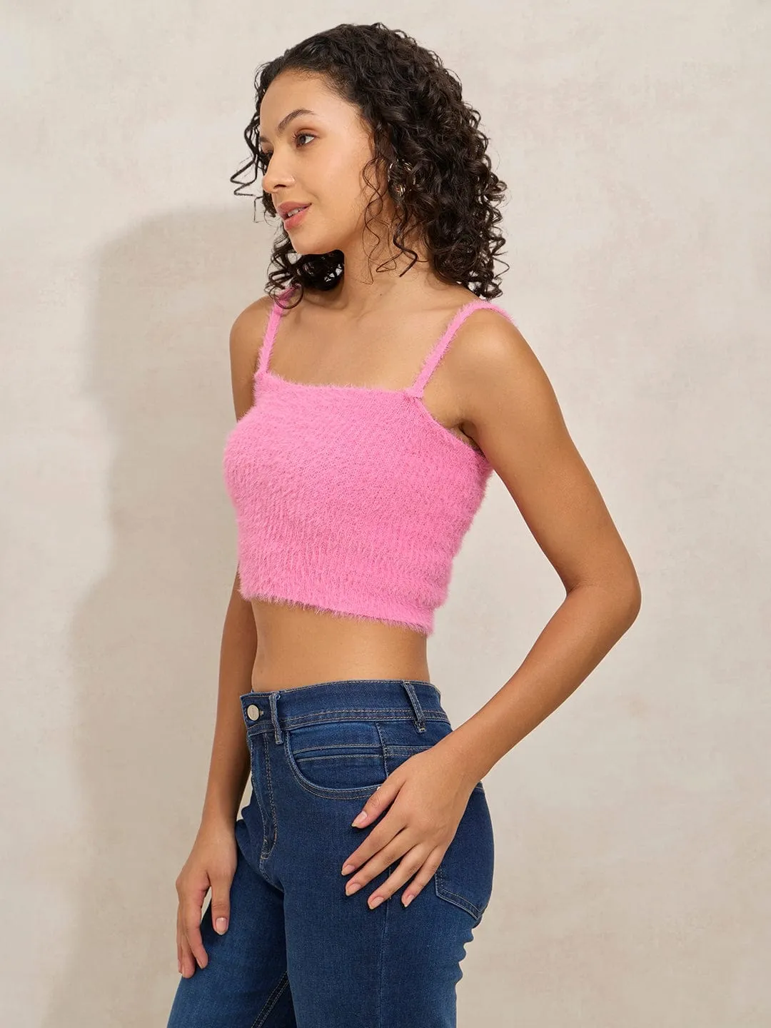 Women's Textured Pink Fuzzy Crop Top with Sweater Affordable accessibility