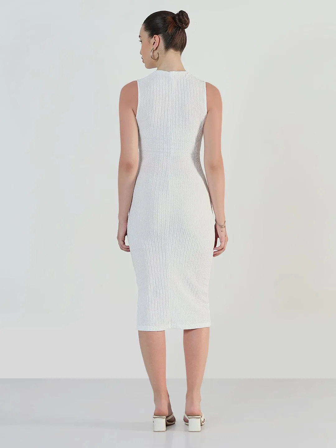 Women's Textured White Cut-out Midi Bodycon Dress Raw-Hem