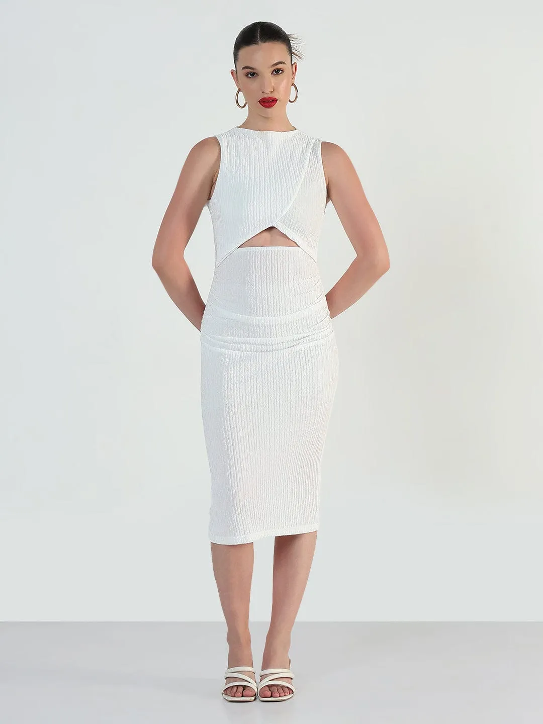 Chic Layered Wear Modern Form Women's Textured White Cut-out Midi Bodycon Dress