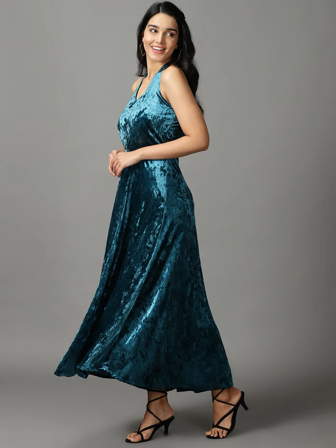 Versatile sundress Petite friendly Women's Turquoise Blue Ethnic Motifs Halter Neck Velvet Midi Dress