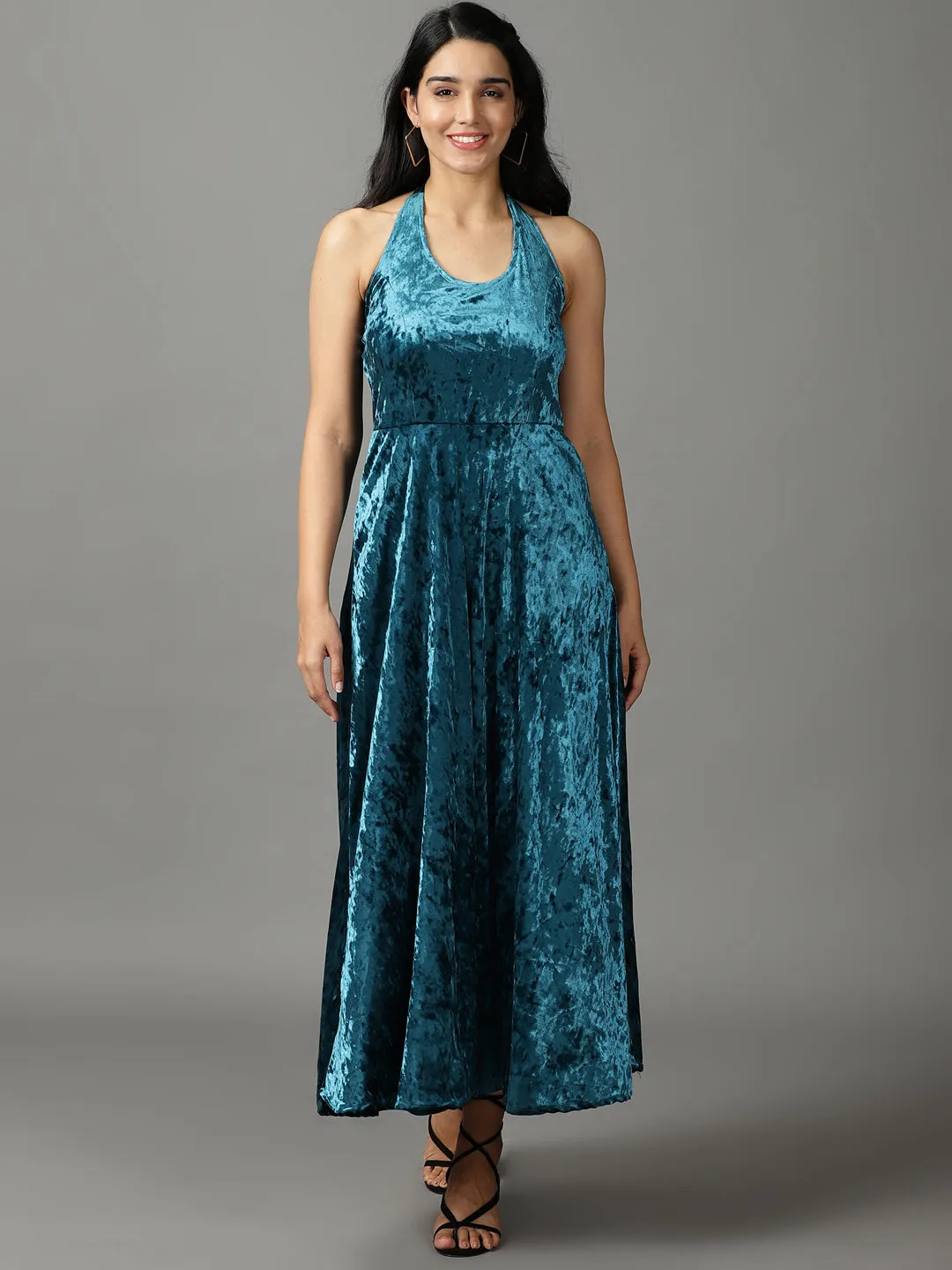 Women's Turquoise Blue Ethnic Motifs Halter Neck Velvet Midi Dress Versatile-Style Comfort Waist Fit