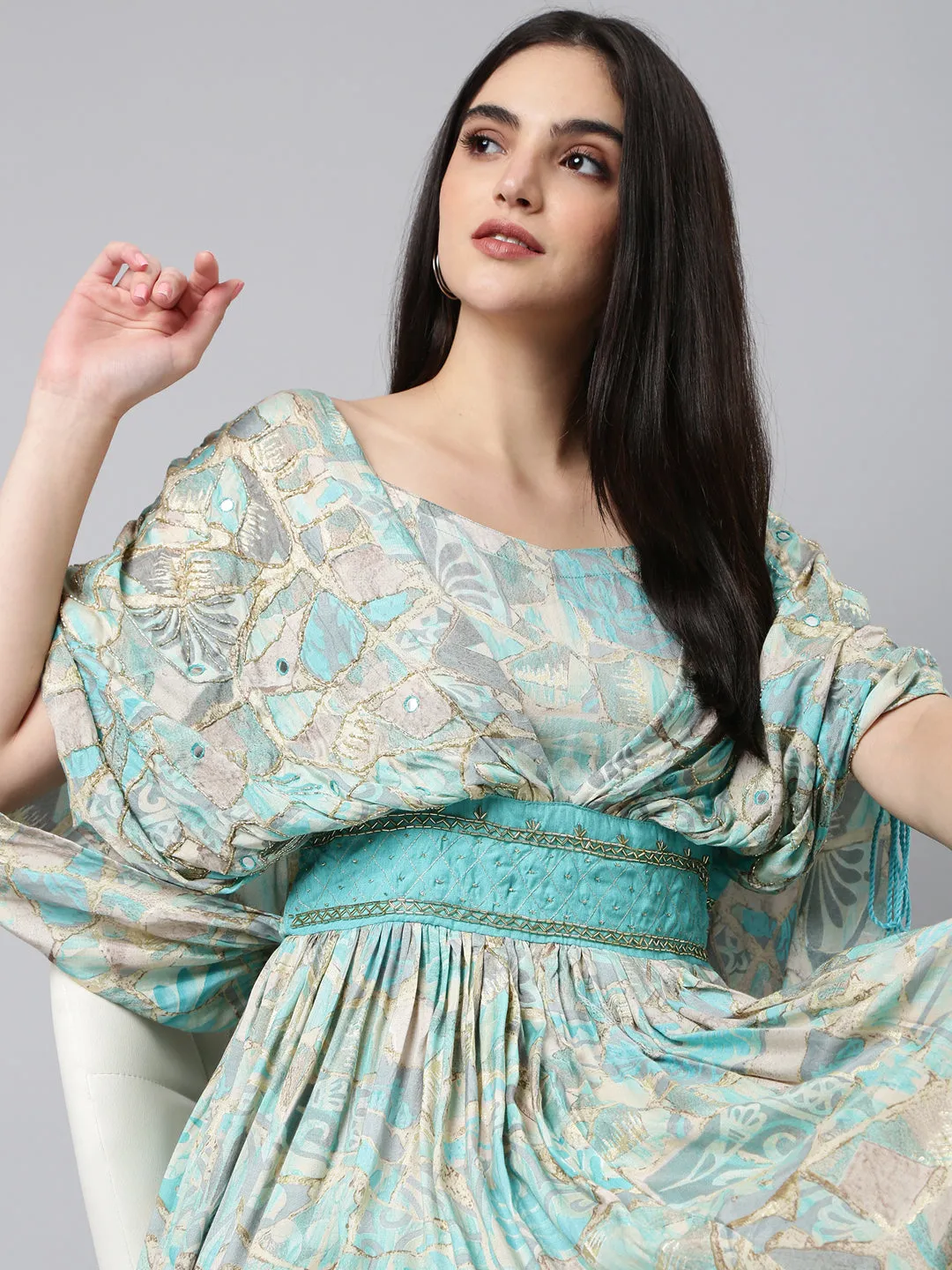 Women's Turquoise Blue Ethnic Motifs Printed Embellished Detailed Flared Sleeves Fit & Flare Midi Dress Effortless Pair Polished Fit