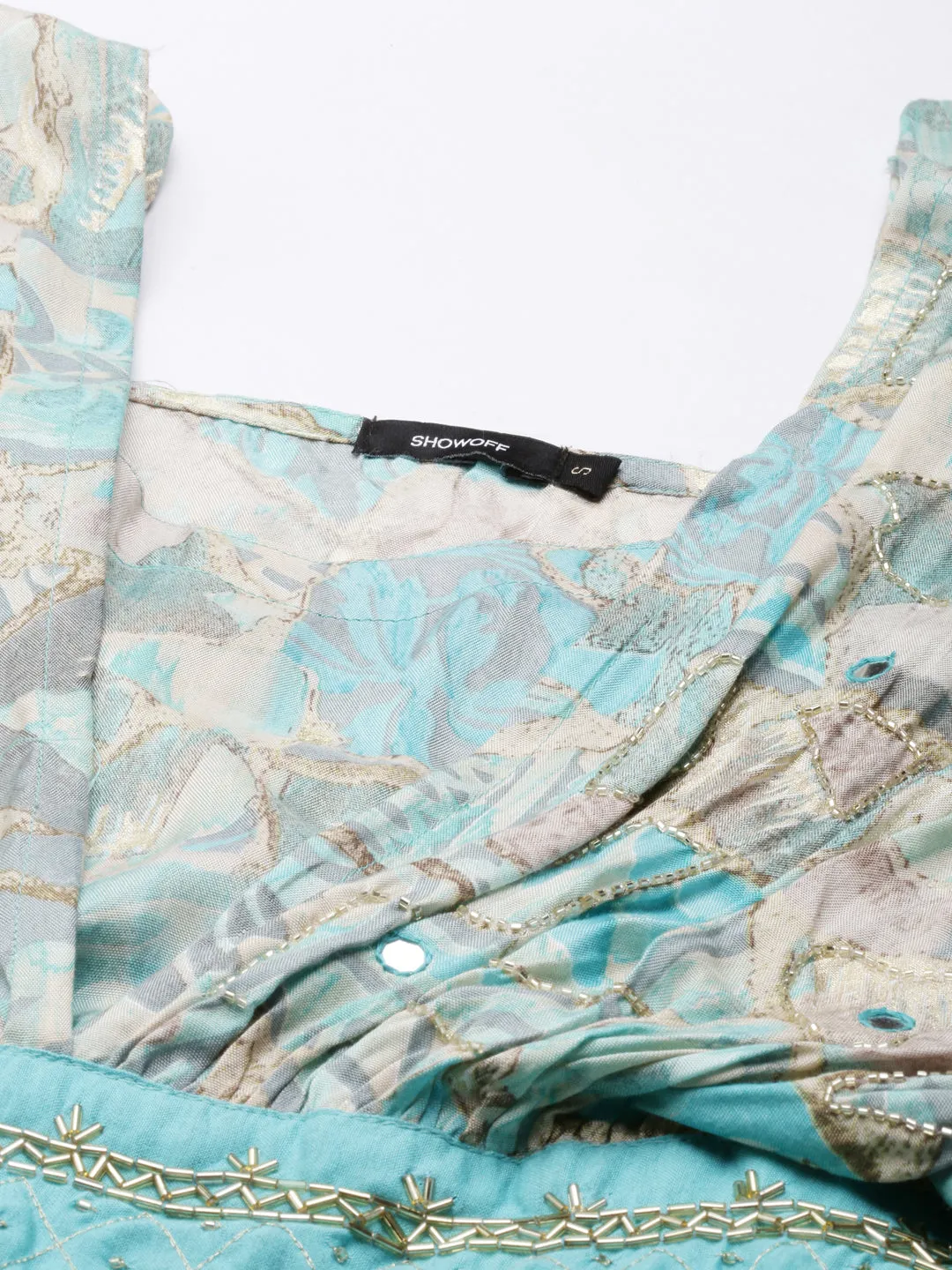 Casual-Look Chic Statement Women's Turquoise Blue Ethnic Motifs Printed Embellished Detailed Flared Sleeves Fit & Flare Midi Dress