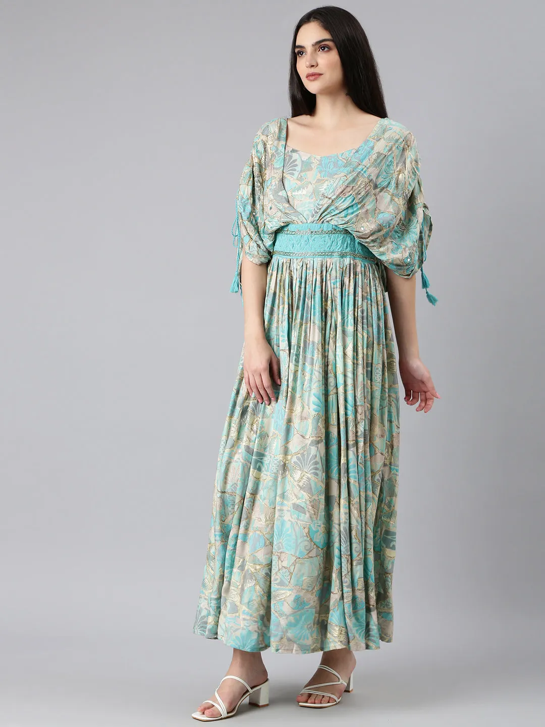 Day Outfit Soft Drape Women's Turquoise Blue Ethnic Motifs Printed Embellished Detailed Flared Sleeves Fit & Flare Midi Dress