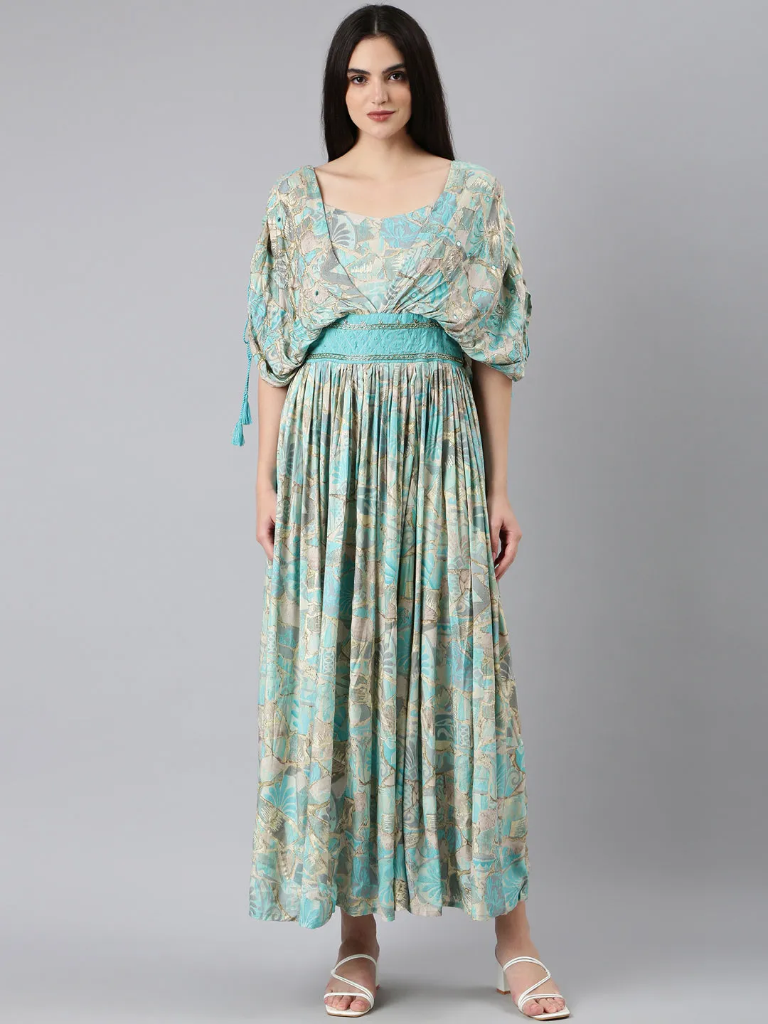 Women's Turquoise Blue Ethnic Motifs Printed Embellished Detailed Flared Sleeves Fit & Flare Midi Dress Romantic Vibes Straight-Cut