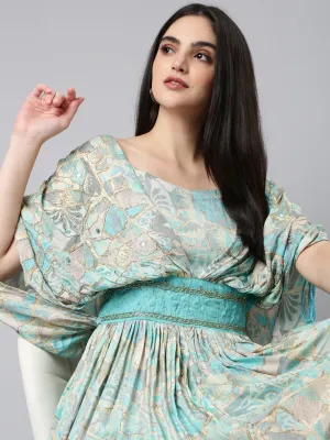 Women's Turquoise Blue Ethnic Motifs Printed Embellished Detailed Flared Sleeves Fit & Flare Midi Dress Effortless Pair Polished Fit