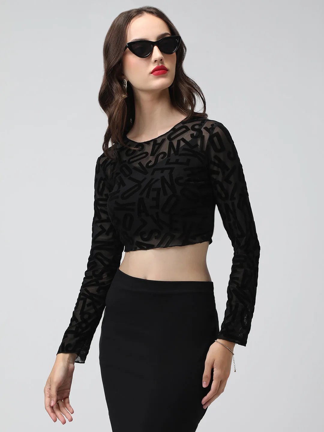 Classic Trend Look Women's Typography Black Sheer Fitted Crop Top