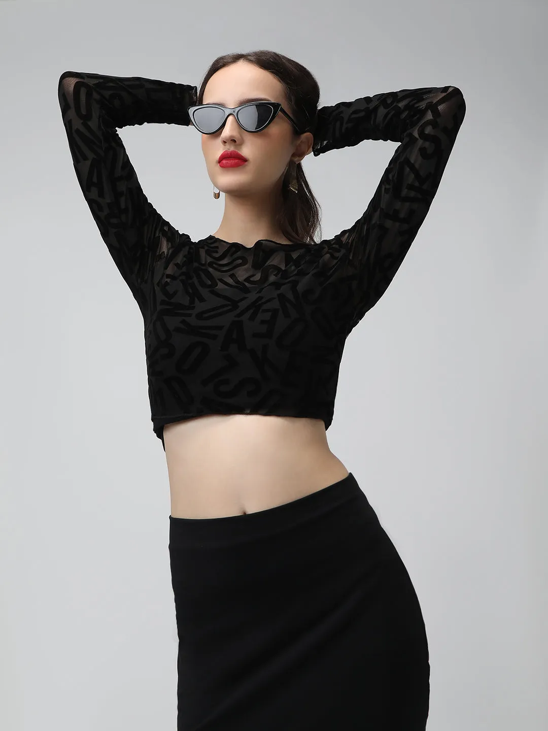 Women's Typography Black Sheer Fitted Crop Top Perfect Fit Wear