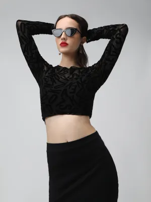 Women's Typography Black Sheer Fitted Crop Top Perfect Fit Wear