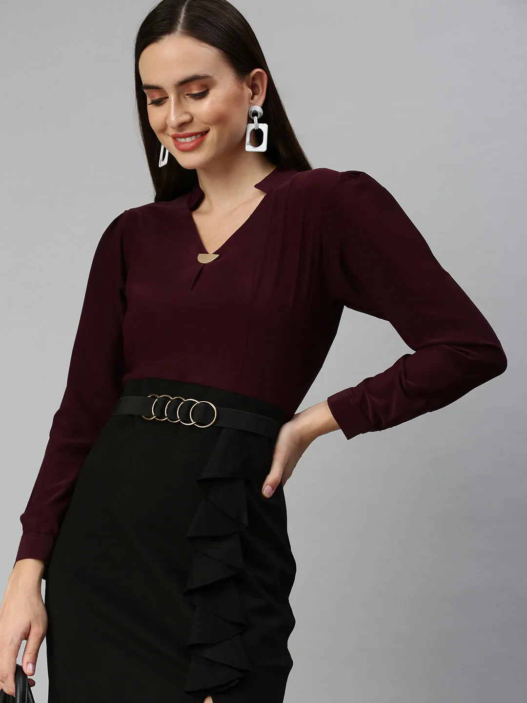 Unique Cut Draped Layer Women's V-Neck Solid Bodycon Violet Dress