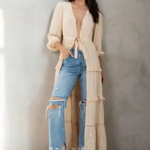 Women's Vintage Embroidered Ruffled Maxi Kimono in Natural Cold Weather Outdoor Comforted