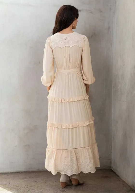 Reinforced Hemline Elastic Seamless Design Women's Vintage Embroidered Ruffled Maxi Kimono in Natural