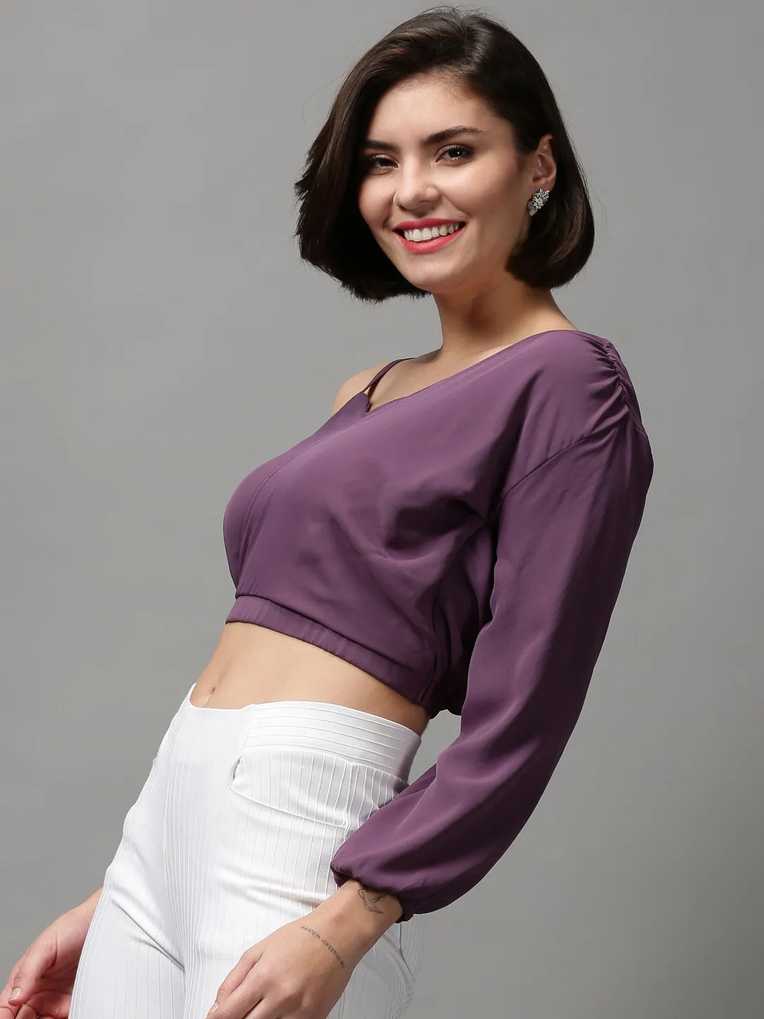 Women's Violet One Shoulder Crepe Wrap Crop Top Informal charm Outdoor Trend Look
