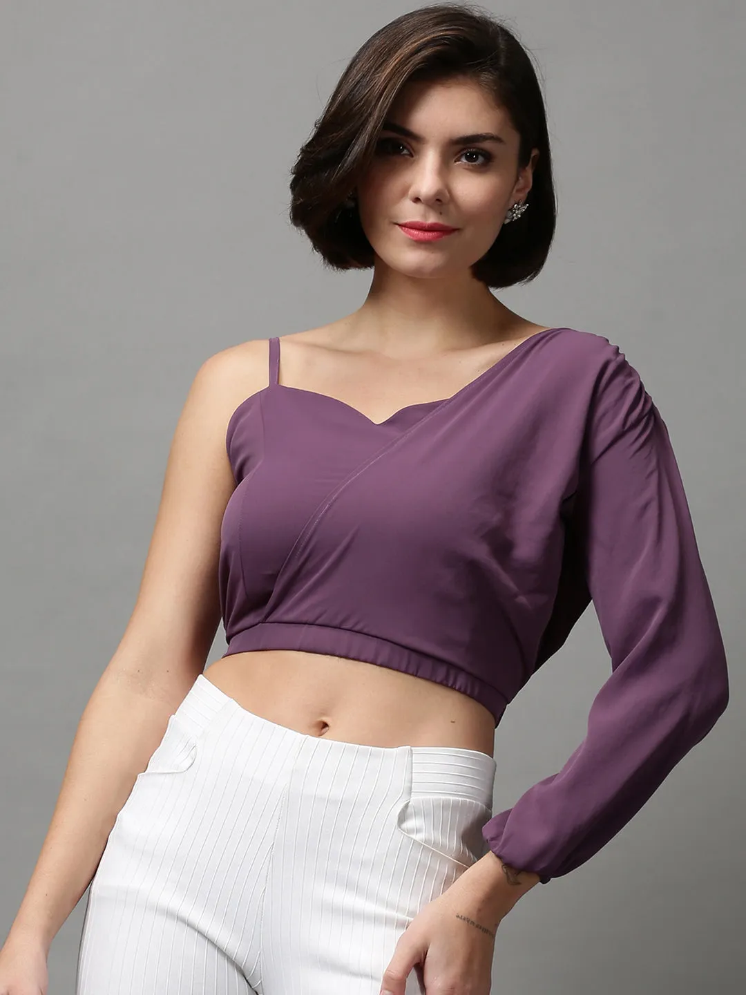 Women's Violet One Shoulder Crepe Wrap Crop Top Work efficiency Structured silhouette