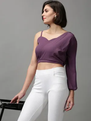 Premium Cotton Blend Women's Violet One Shoulder Crepe Wrap Crop Top