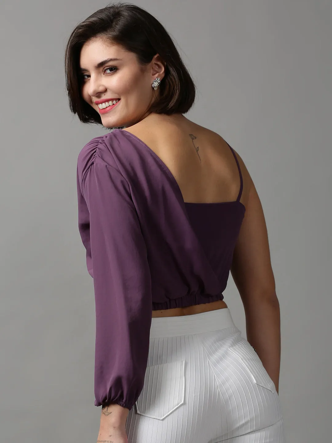 Fashionable Piece skinny but not tight Women's Violet One Shoulder Crepe Wrap Crop Top
