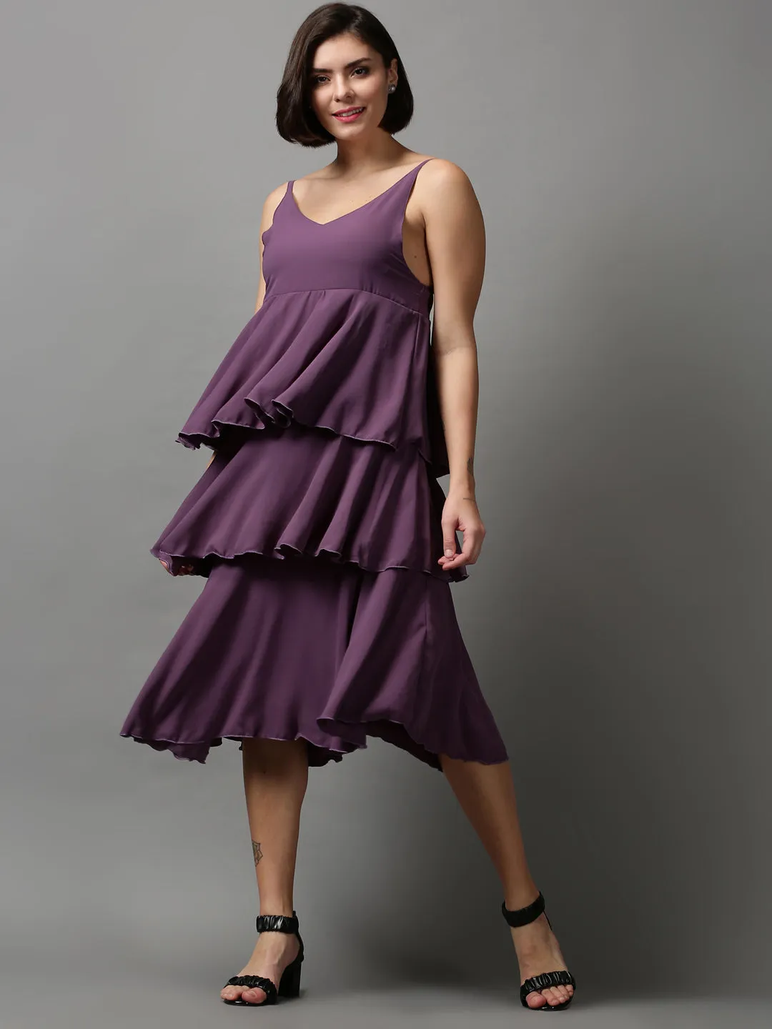 Women's Violet Solid Layered Crepe Empire Midi Dress Festive Wear