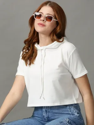 Women's White Boxy Hooded Top RibbedNeckBanding