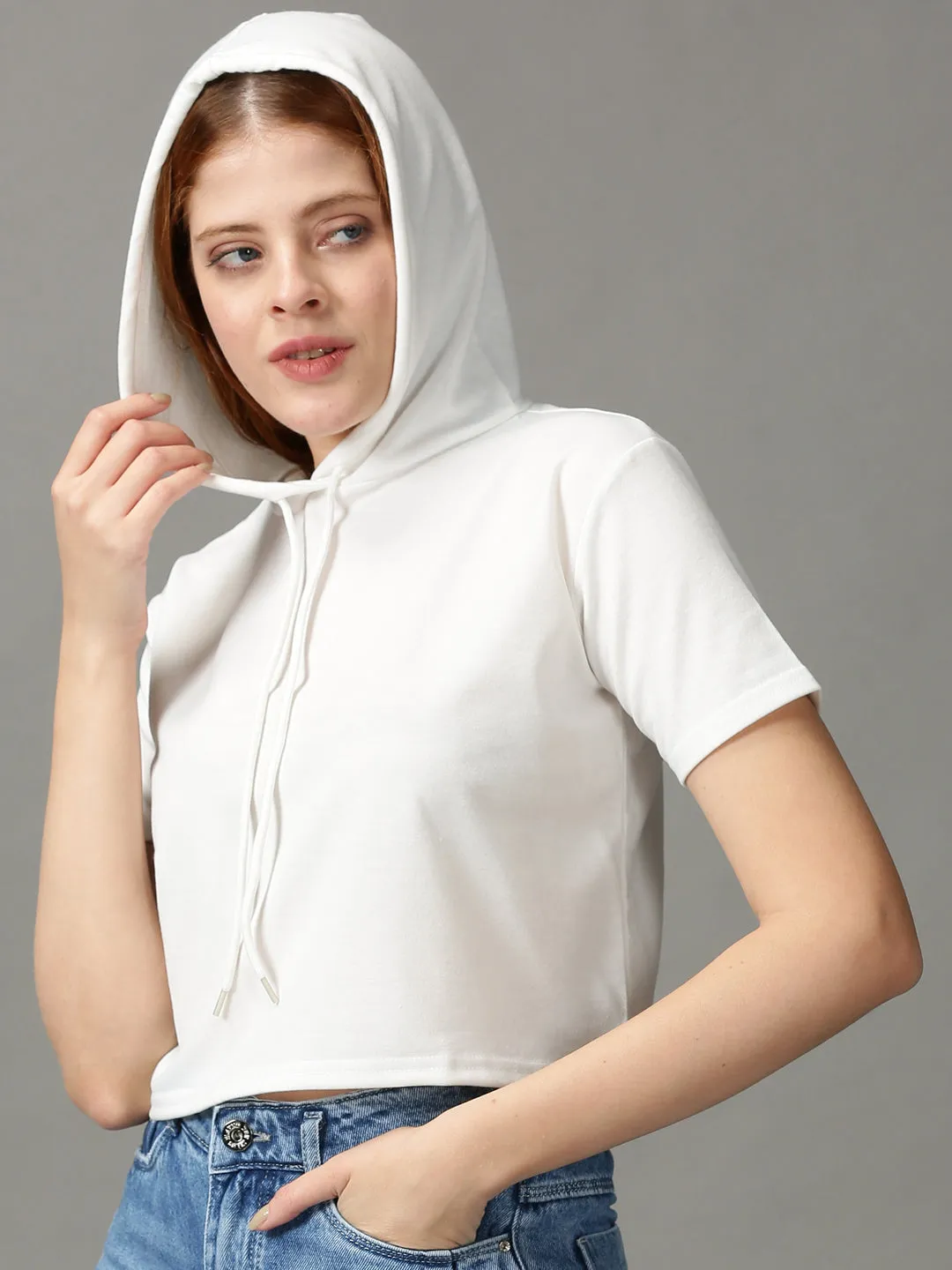 Women's White Boxy Hooded Top Heather Jersey Material