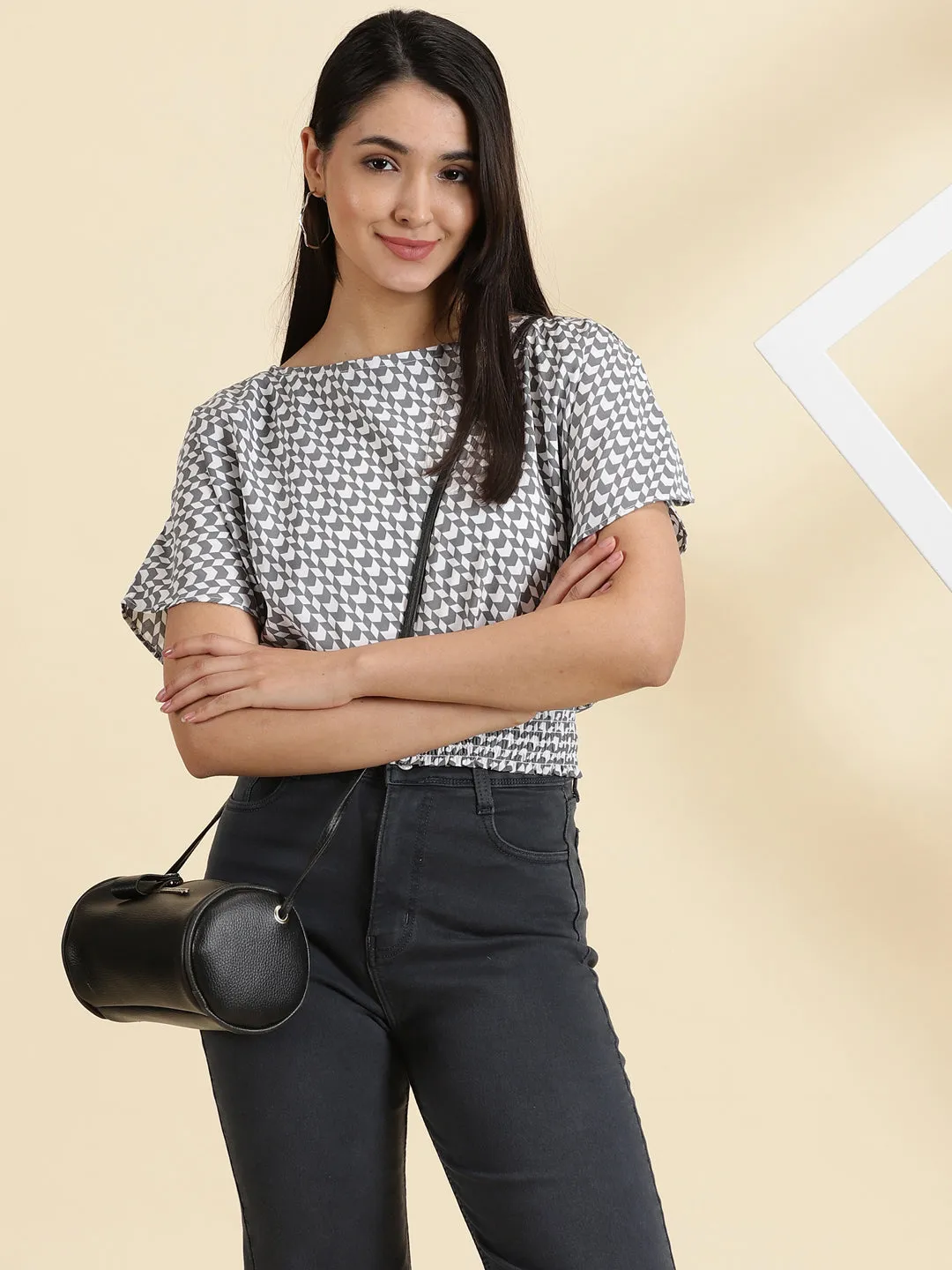 Evergreen Women's White Checked Boat Neck Crepe Top