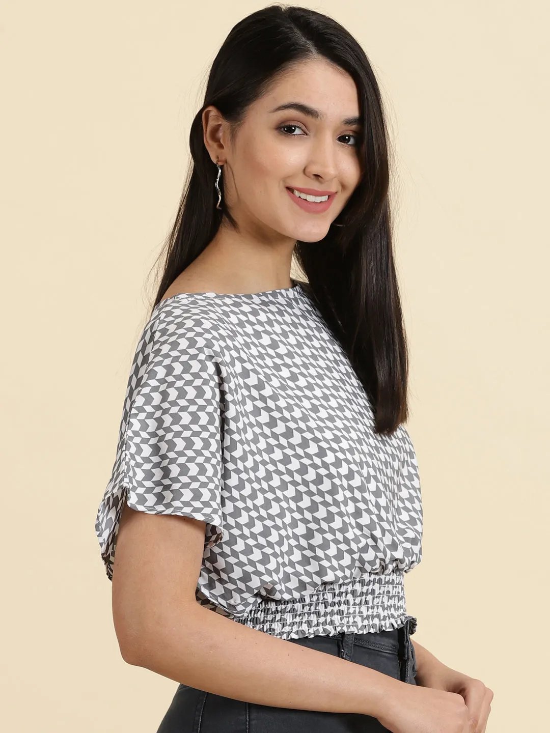 Women's White Checked Boat Neck Crepe Top Regular fit normality